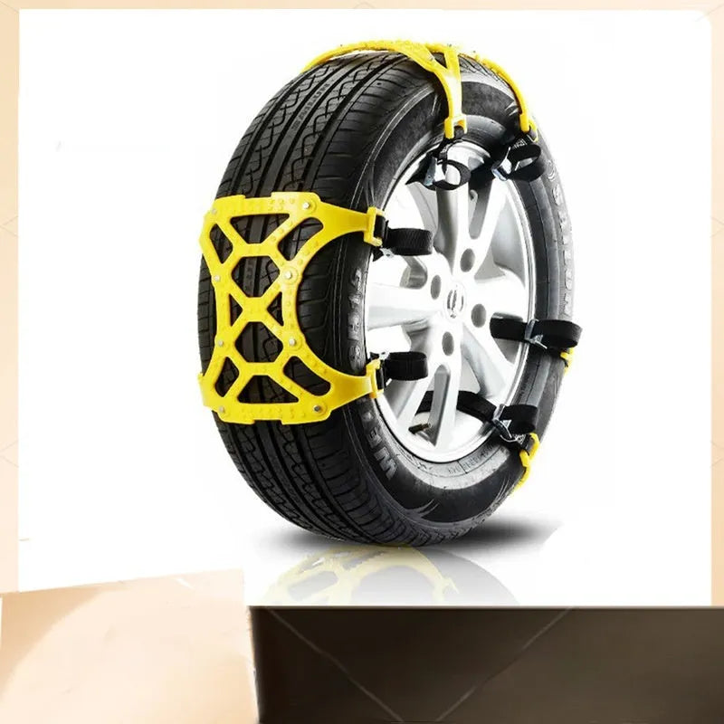 Set of 6 yellow polyurethane snow chains for car tyres, anti-slip winter emergency equipment