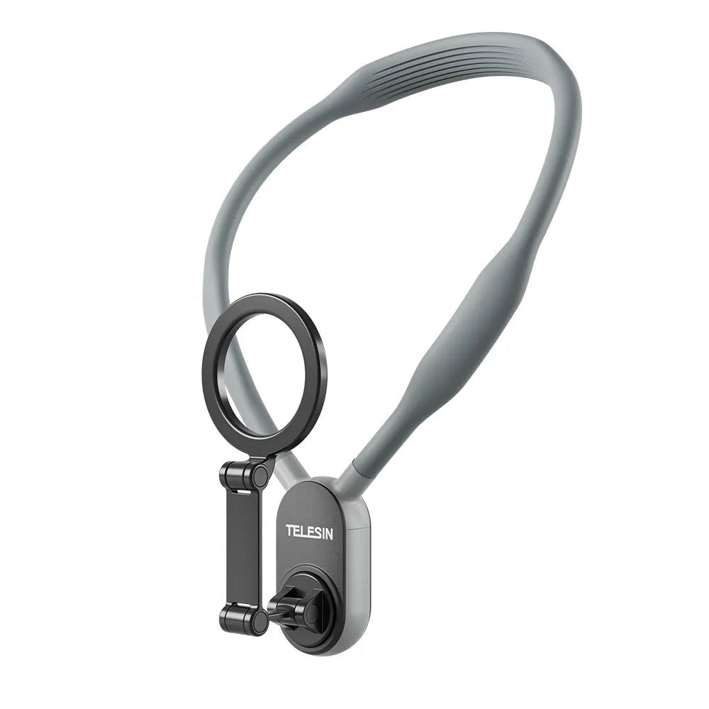 Grey silicone magnetic phone neck mount with quick release mechanism and anti-release rope
