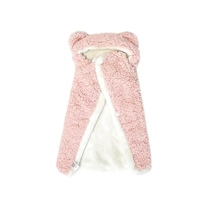 Cotton velvet bear cloak pet blanket in pink for cats and dogs, warm winter sleeping blanket with bear ears