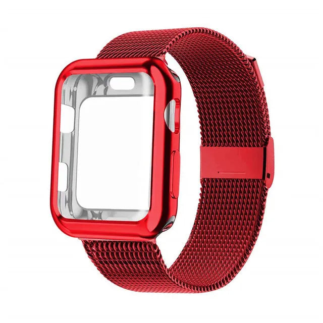 Apple Watch with magnetic Milanese loop metal strap in silver, showing adjustable magnetic clasp.