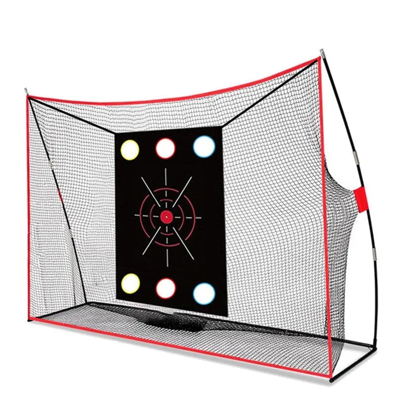 Golf wedge training net with 3-hole cross design and straw practice mat with accessories