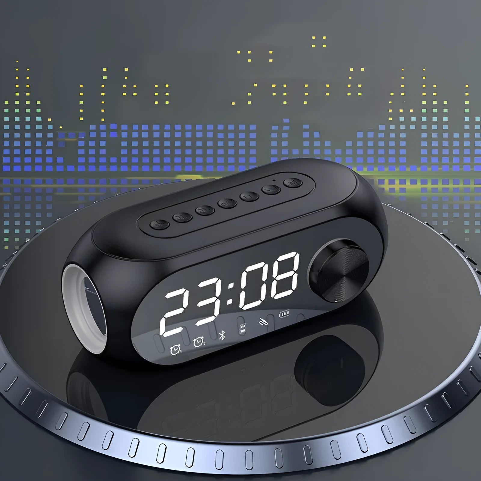 S8 Black extra bass portable mini bluetooth speaker with digital clock display on front.