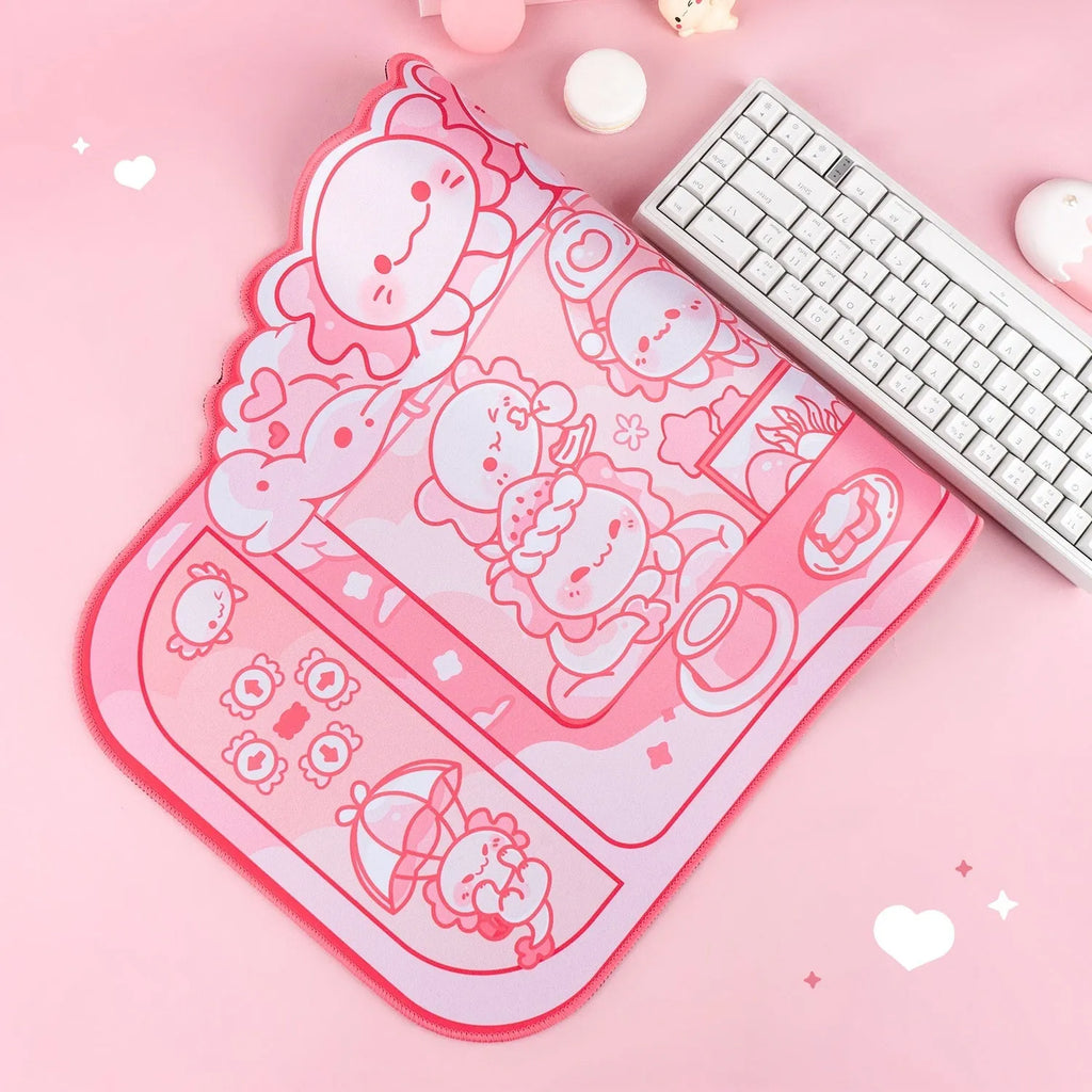 Large rectangular mouse pad with a hexagonal dragon crane cartoon design and an integrated wrist rest.