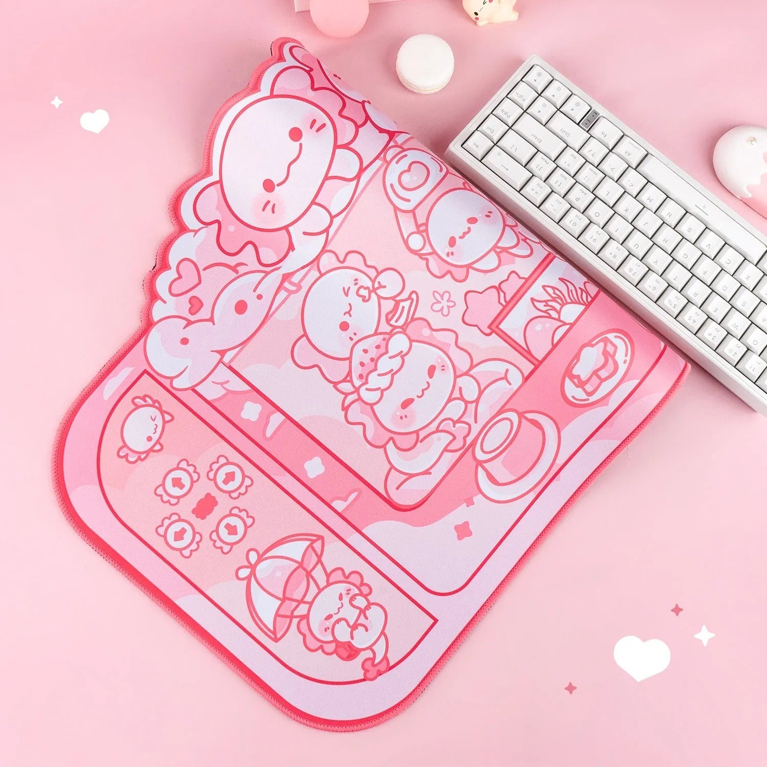 Large rectangular mouse pad with a hexagonal dragon crane cartoon design and an integrated wrist rest.