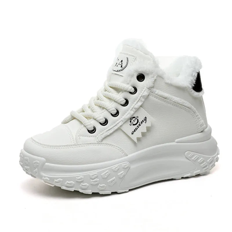White low-top women's platform snow boots with sequins, artificial PU upper, rubber sole
