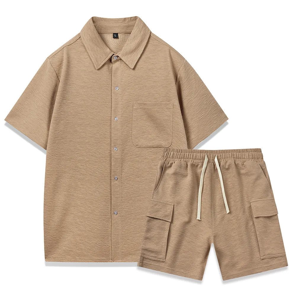Women's beige casual two-piece set with sleeveless top and elastic waist shorts laid flat.