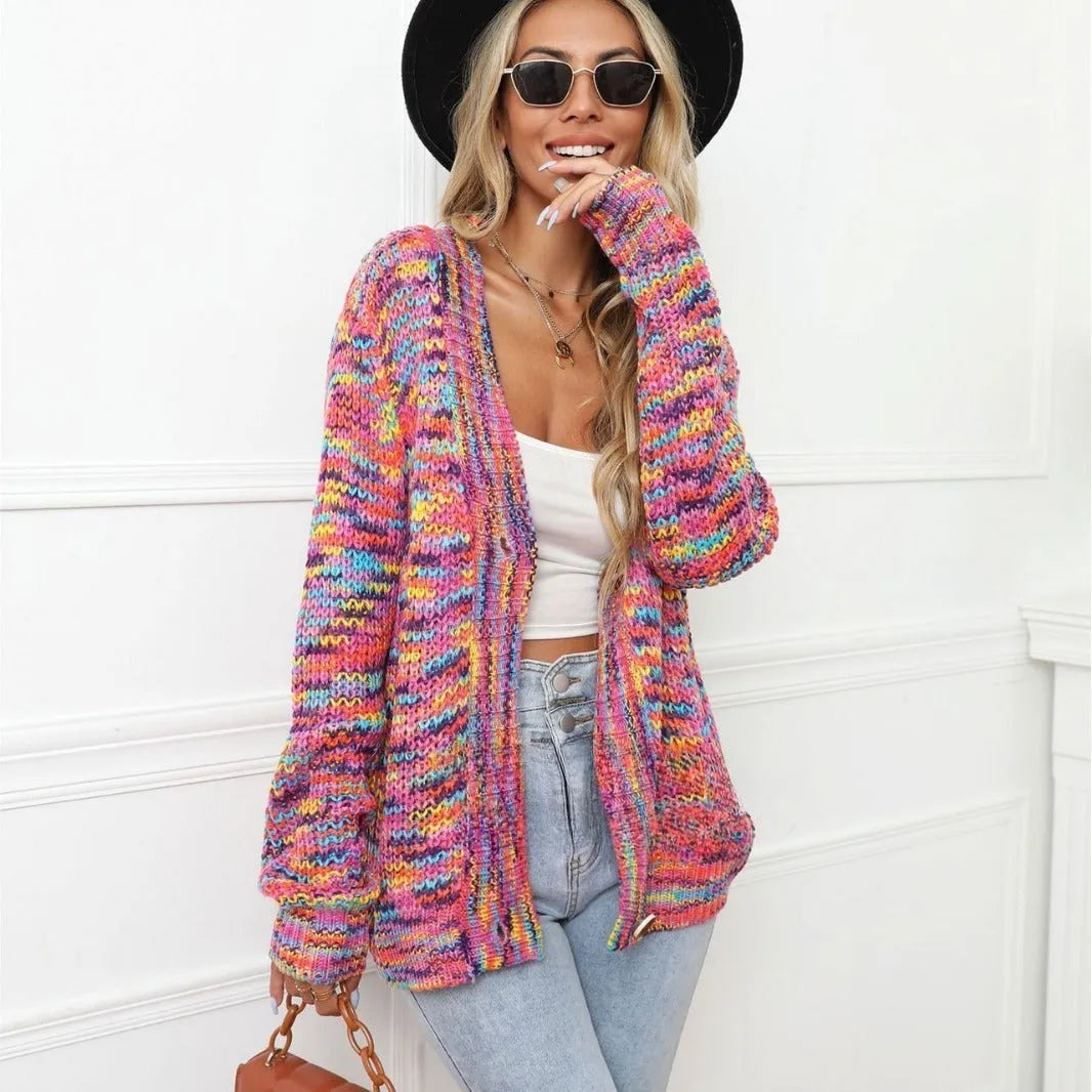 Rainbow mixed colour festival dyed short cardigan knitted coat with striped pattern