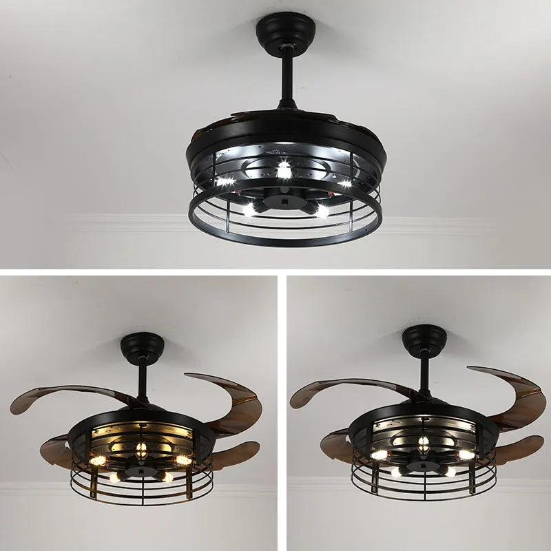 American retro style ceiling fan lamp with invisible retractable blades and acrylic shade, remote control on side.