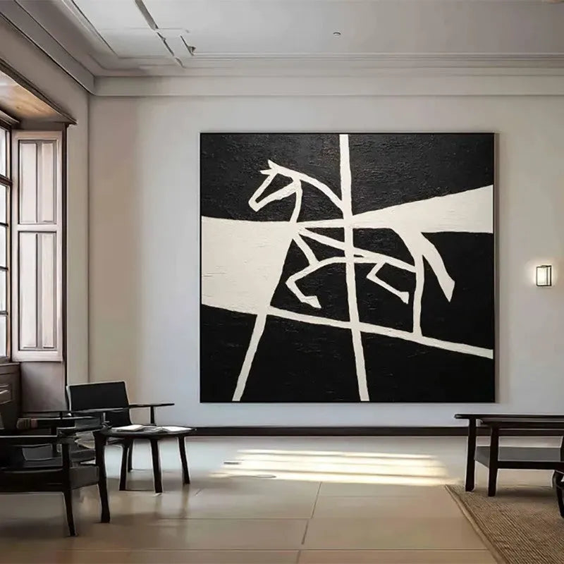 Handmade oil painting on canvas of a black and white horse with success theme, rolled and frameless, square size 60x60cm