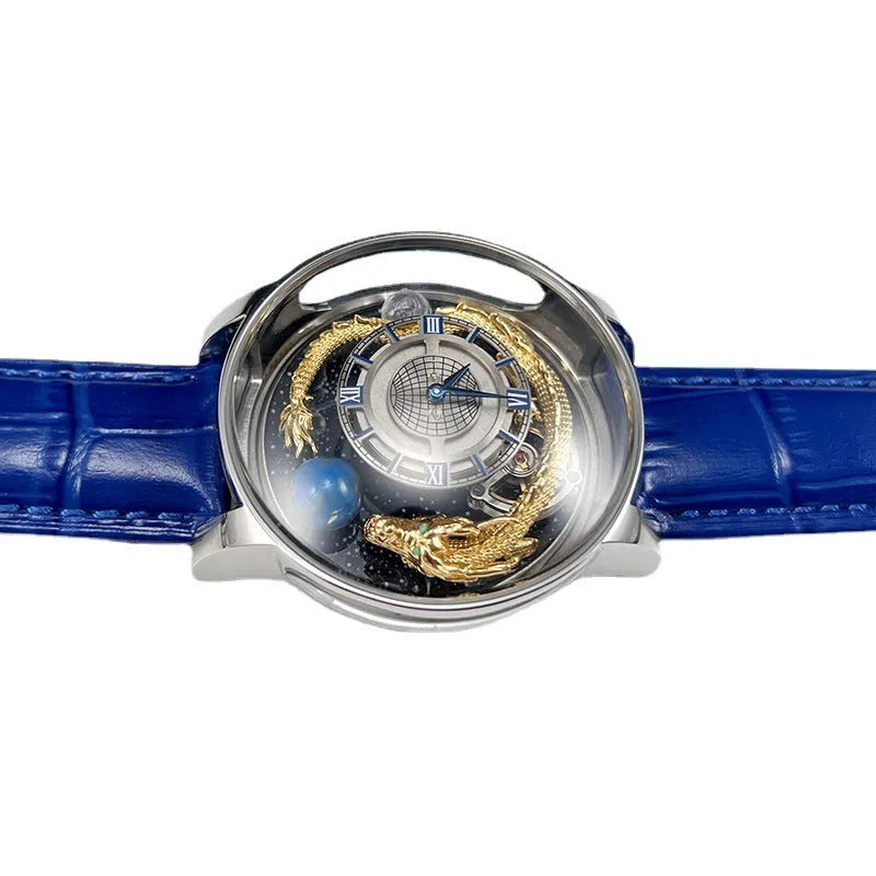 Blue dial quartz watch with sapphire crystal, leather band, and stainless steel buckle on white background