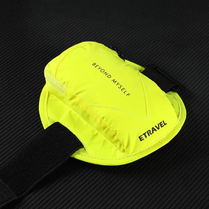 Black reflective running arm bag with adjustable strap, shown holding a mobile phone.