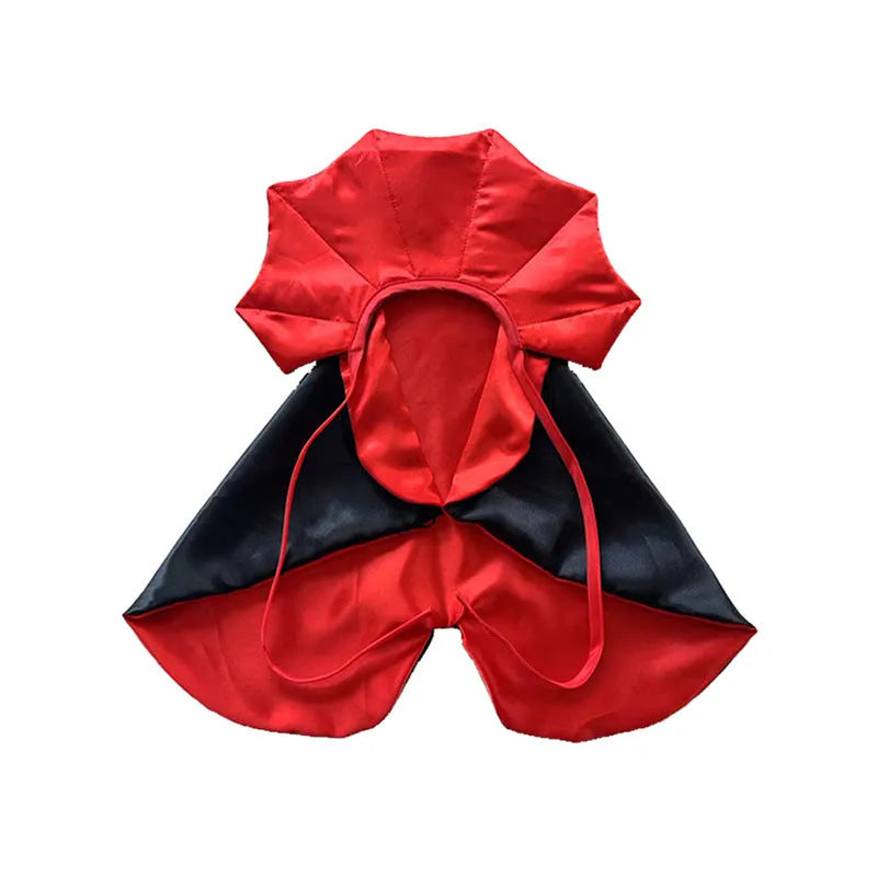 Halloween pet bat costume with cloak and pointed hat in red or purple colours