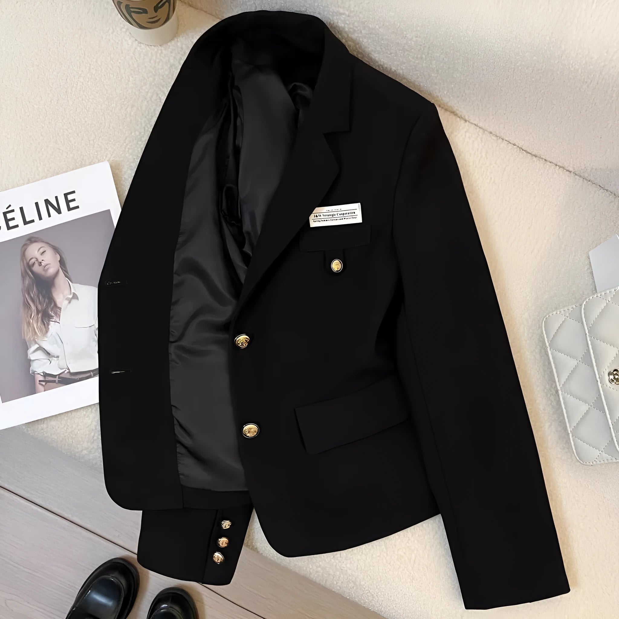 Black women's loose-fit short suit coat with regular sleeves and pockets.