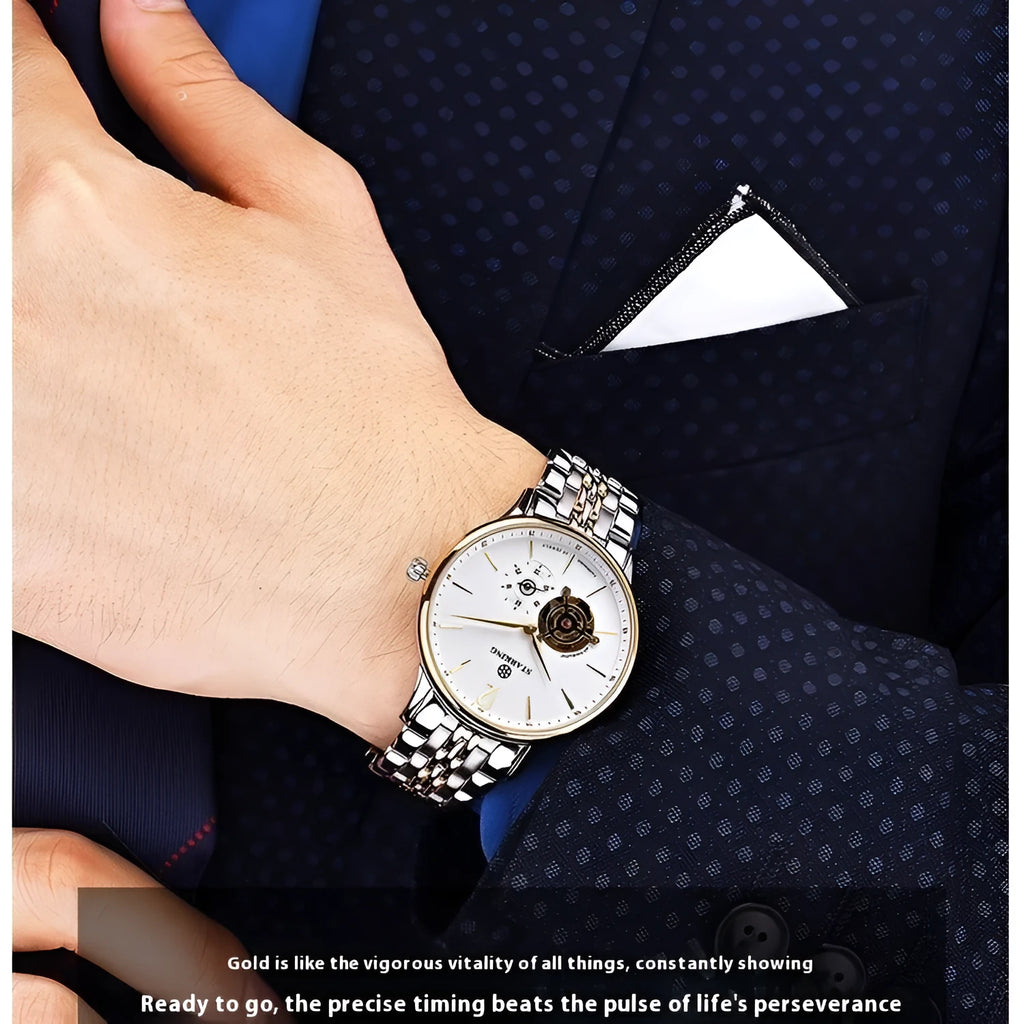 Automatic mechanical men's business watch with brown leather strap and stainless steel case
