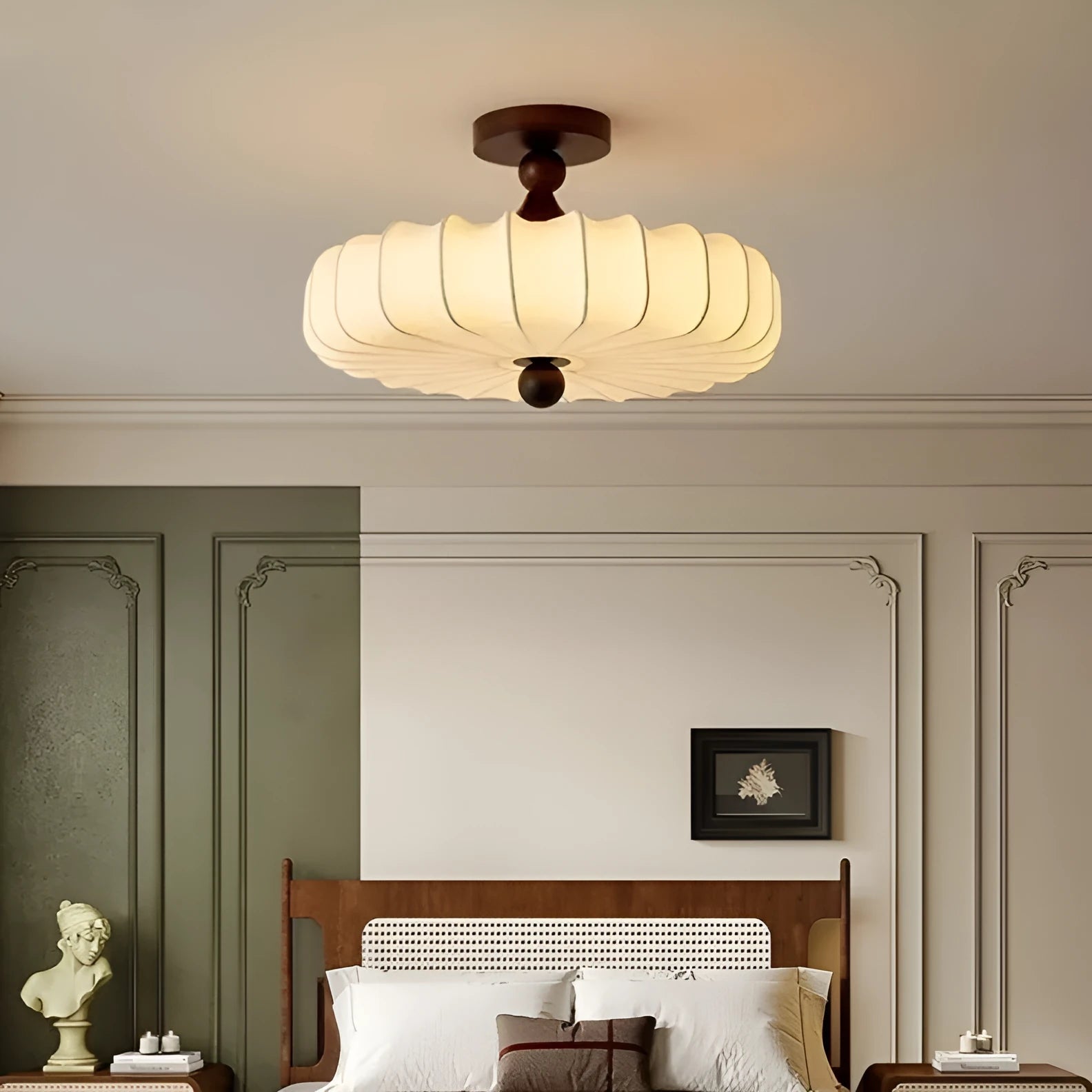 Mid-ancient French retro fabric bedroom ceiling lamp in walnut colour with ash wood frame and fabric shade