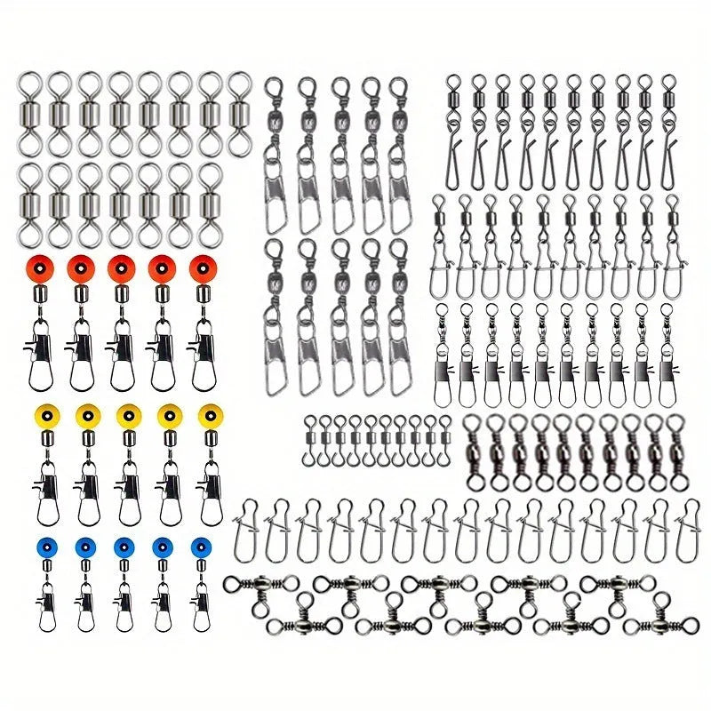 Box of 115 fishing connector swivels with rotating sea bean design in plastic and stainless steel