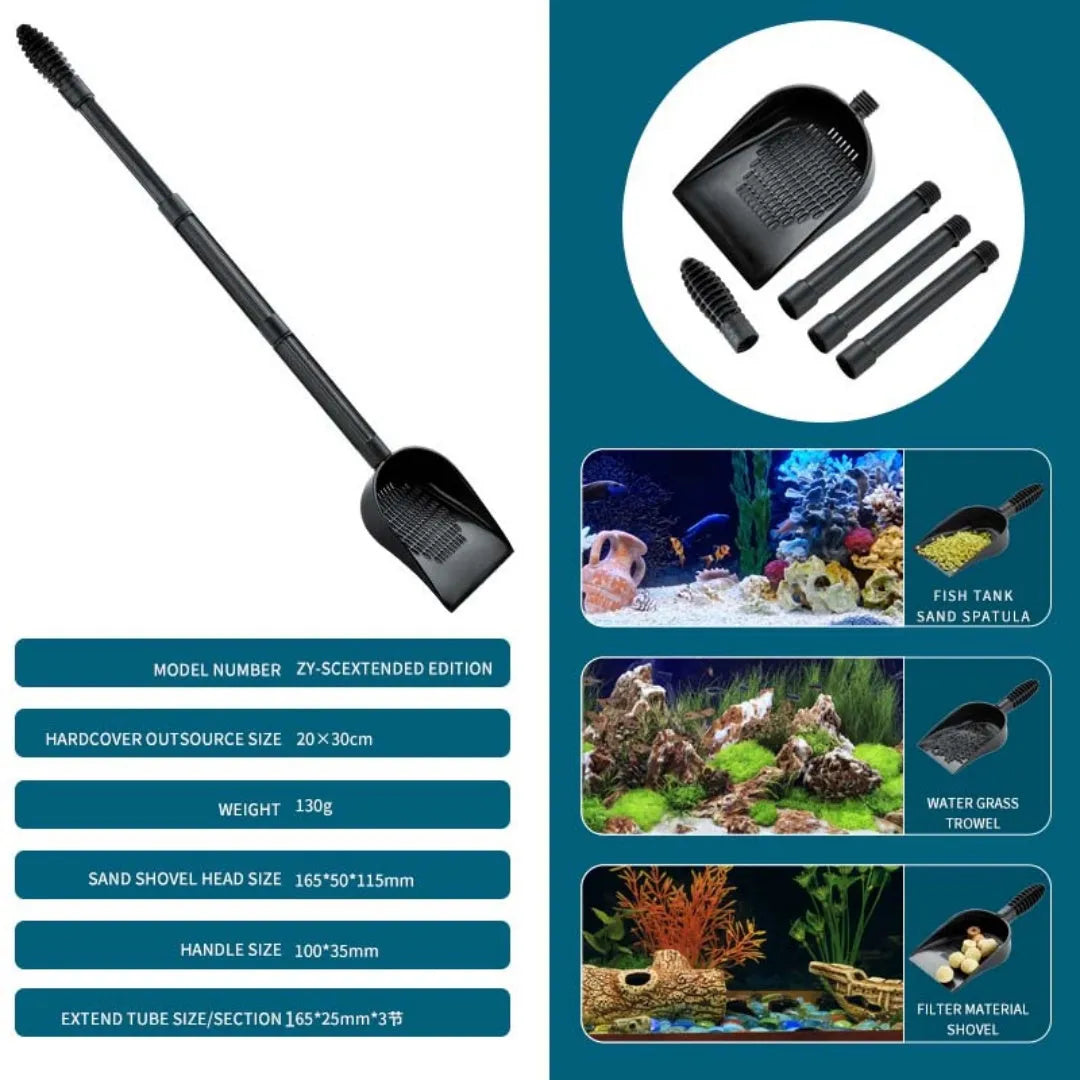 Aquarium sand shovel with extendable handle and quick-drain design for fish tank maintenance