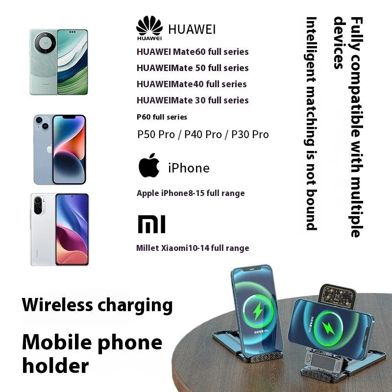 2-in-1 foldable wireless phone charger in black with Type-C input, measuring 143x143x69mm, designed for multiple device compatibilities.