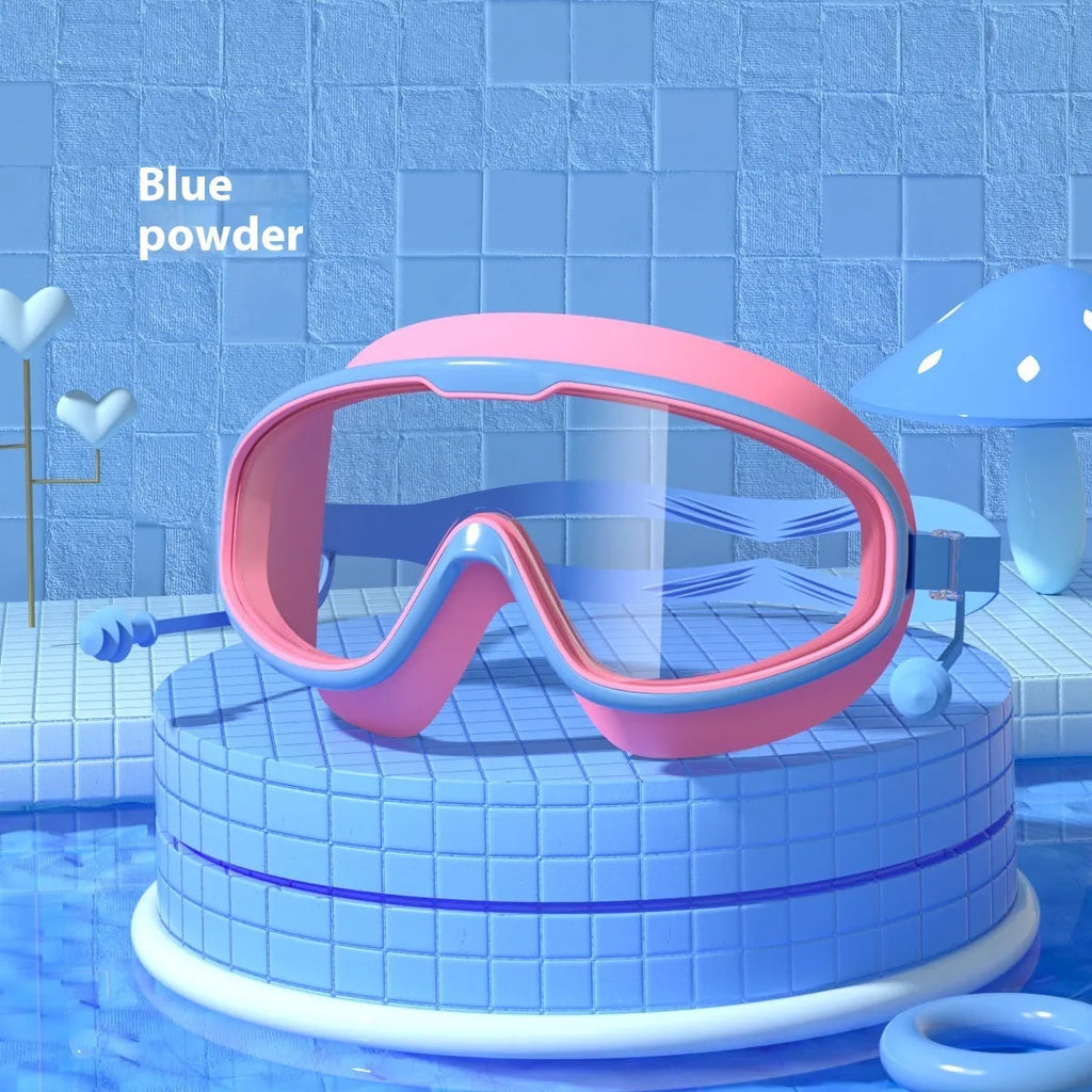 Children's swimming goggles in bright pink with large frame and clear non-fogging lenses