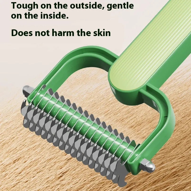 Green and grey dog detangling combs with stainless steel teeth on a PP plastic handle, shown in large and small sizes.
