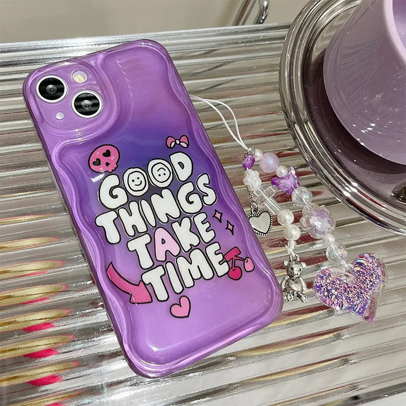 Purple English graffiti design iPhone case with love pendant charm and a lanyard attachment hole.