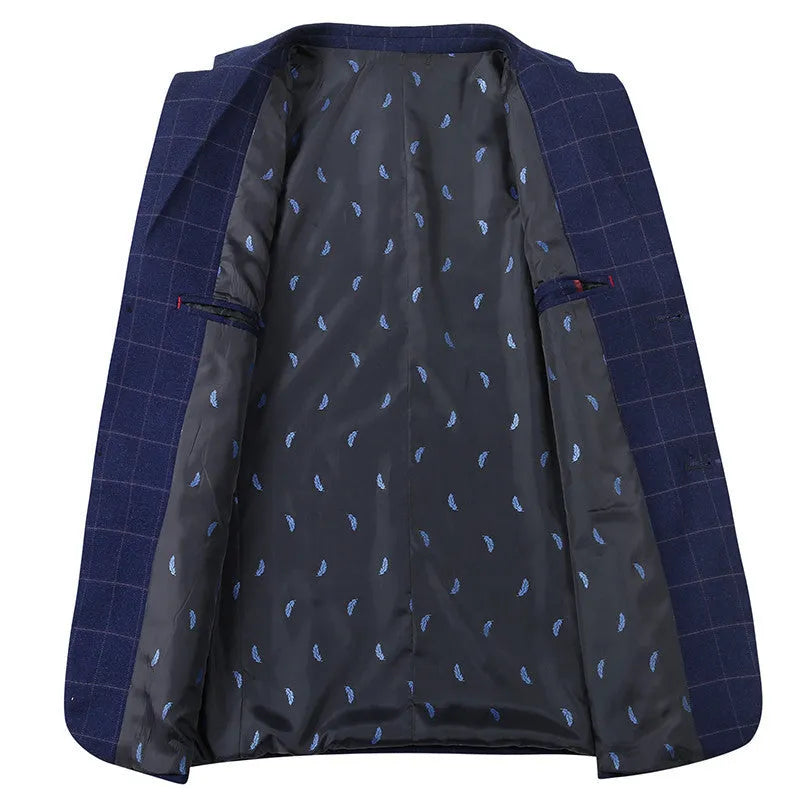 Men's plaid leisure suit coat, loose fit, dimensional patch pocket, long sleeves, blue colour, front view