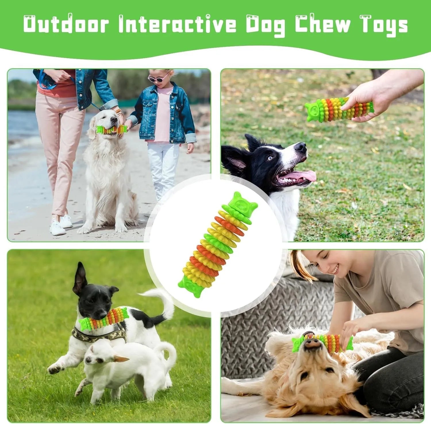 Blue, green, and pink caterpillar-shaped rubber dog chew toy for aggressive chewers.