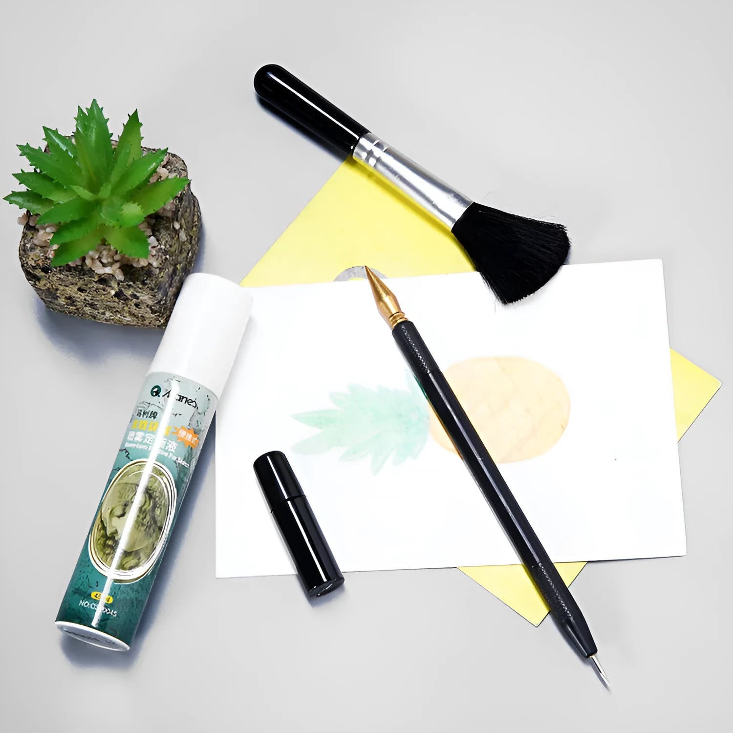 Scratch art tool set with scraper pen, brush, bamboo stick, and repair liquid bottle.