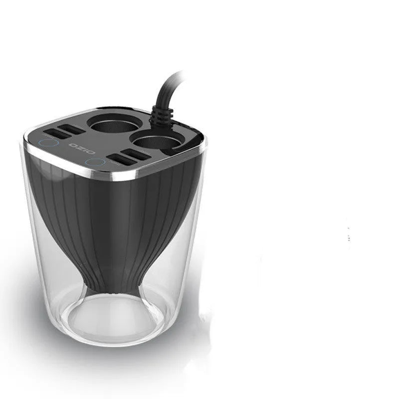Black ABS car charger with USB port and Bluetooth, 72x62x95mm, on a white background