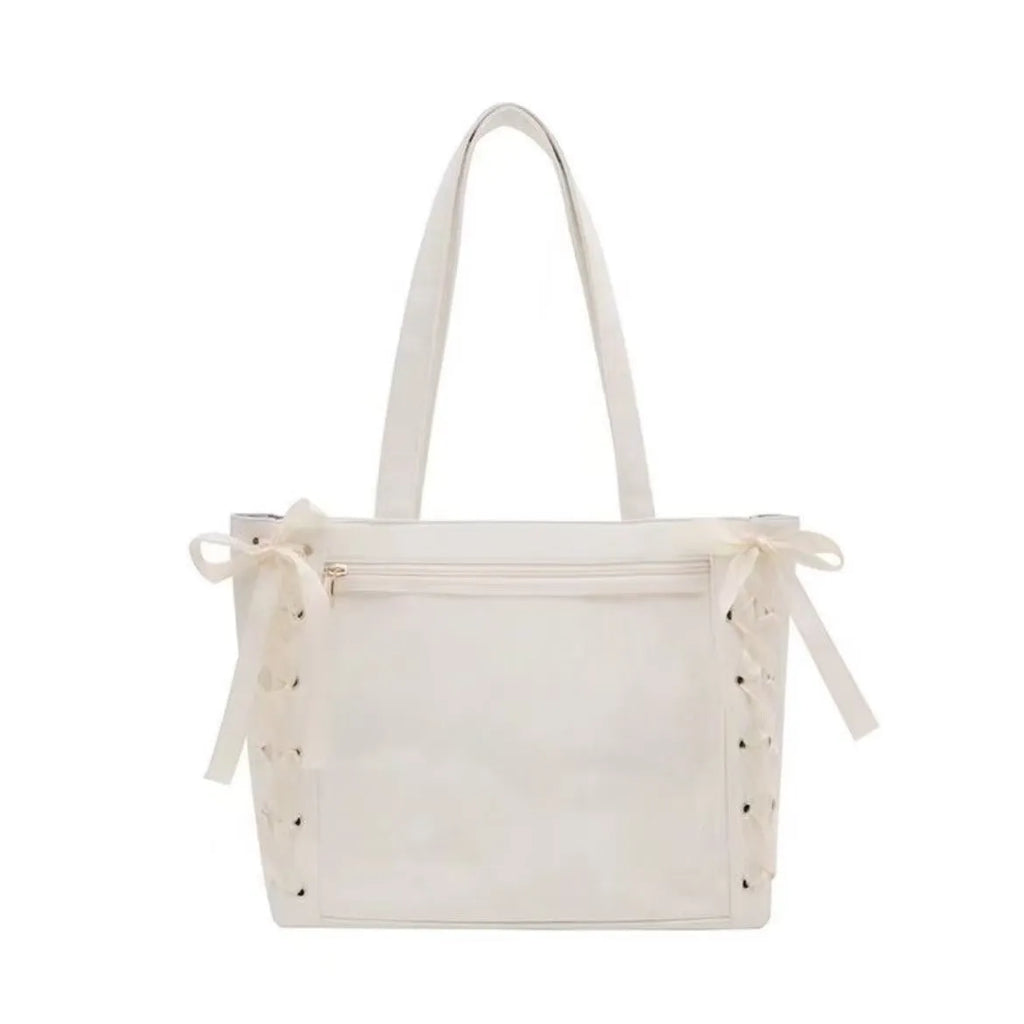 Transparent large capacity PU tote bag with double straps and zip pocket, shown in multiple colours.
