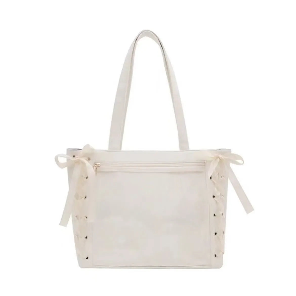 Transparent large capacity PU tote bag with double straps and zip pocket, shown in multiple colours.