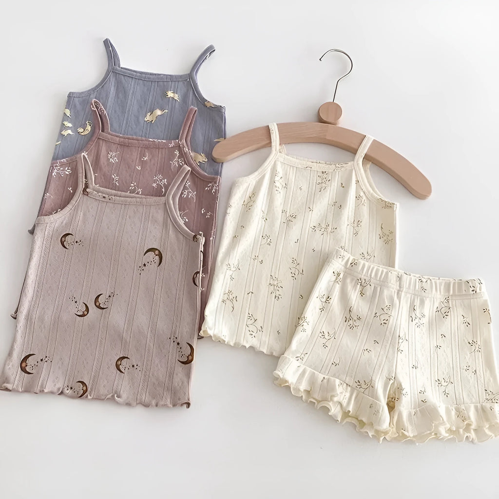 Girls' Camisole Shorts Two-piece Set Breathable Home Clothing Cotton Summer Casual Pyjama Set for Kids Ages 2-6 Years Pink Floret Beige Small Flower Moon Blue Rabbit Multiple Sizes 90-140cm