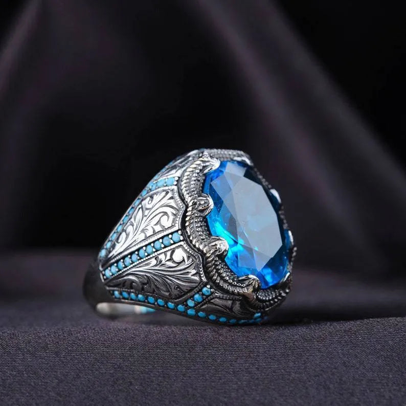Grandmother geometric blue zircon alloy ring in antique silver finish showing detailed design