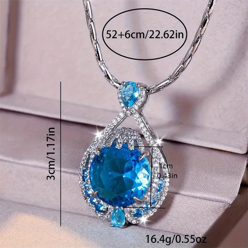 Blue fireworks cut gemstone geometric pendant necklace with water wave chain