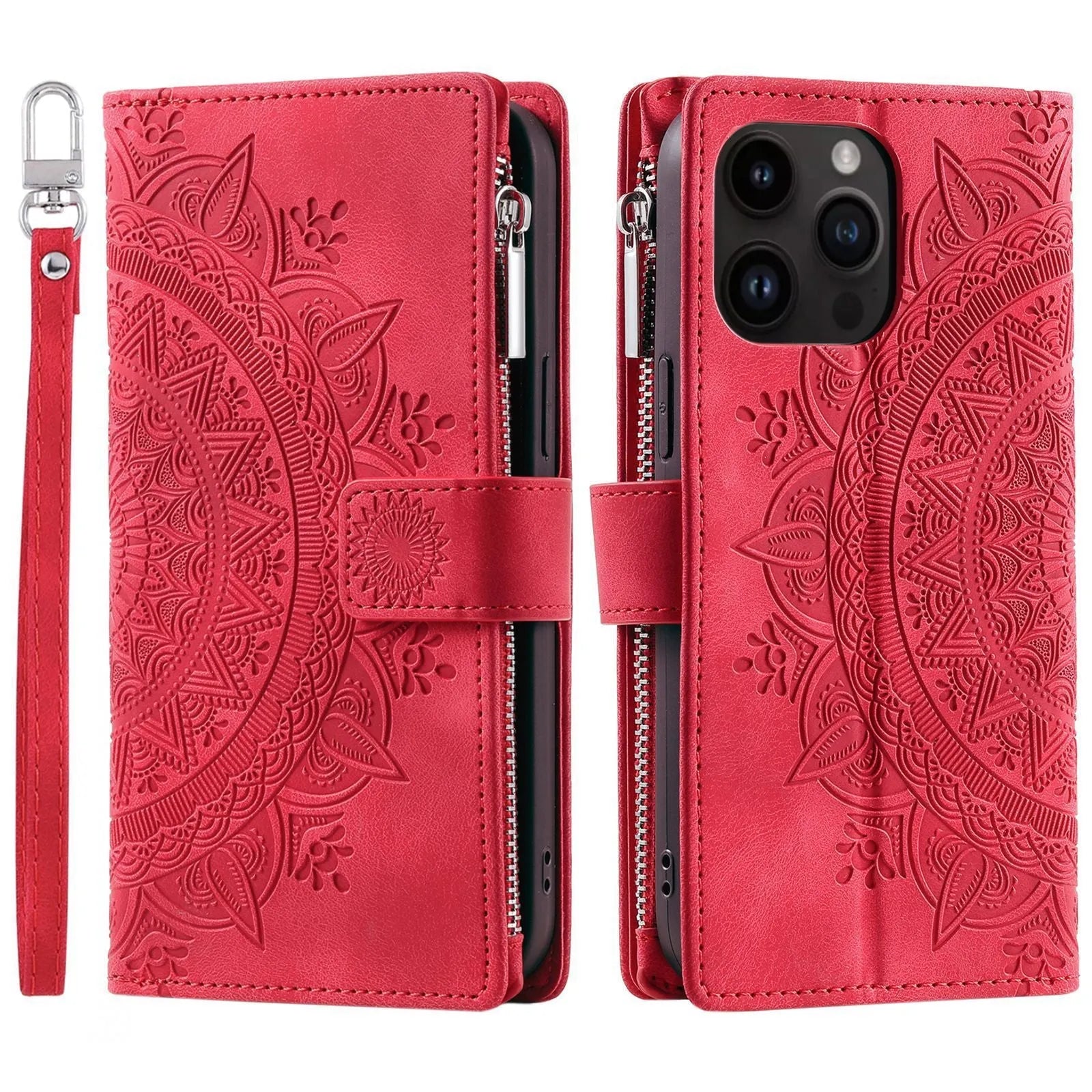 Multi-card embossed totem leather PU zipper phone case for iPhone with card holder in black