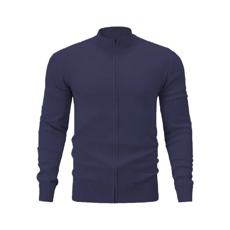 Casual zip-front cotton sweater with a stand collar, shown in a loose fit.