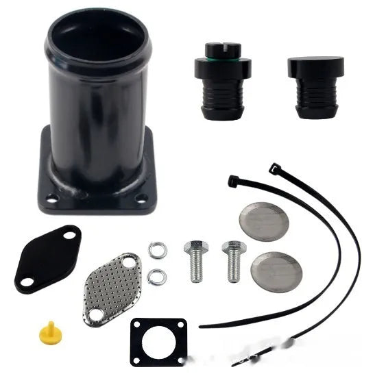 BMW E46 diesel EGR delete kit showing removal pipe, blanking plates, bolts, and vacuum plug