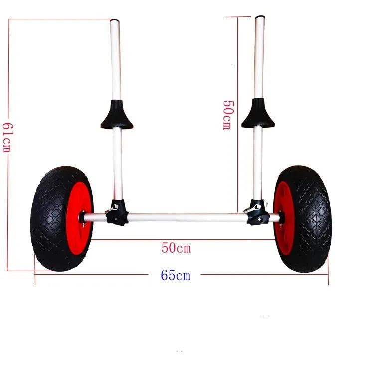 Foldable aluminium kayak beach cart with two black rubber wheels and an upright pull handle, shown folded and extended.