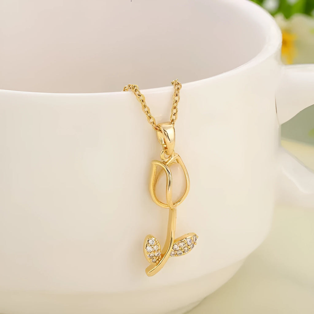 Adjustable gold tulip flower pendant necklace on an O-ring chain, showing colour options.