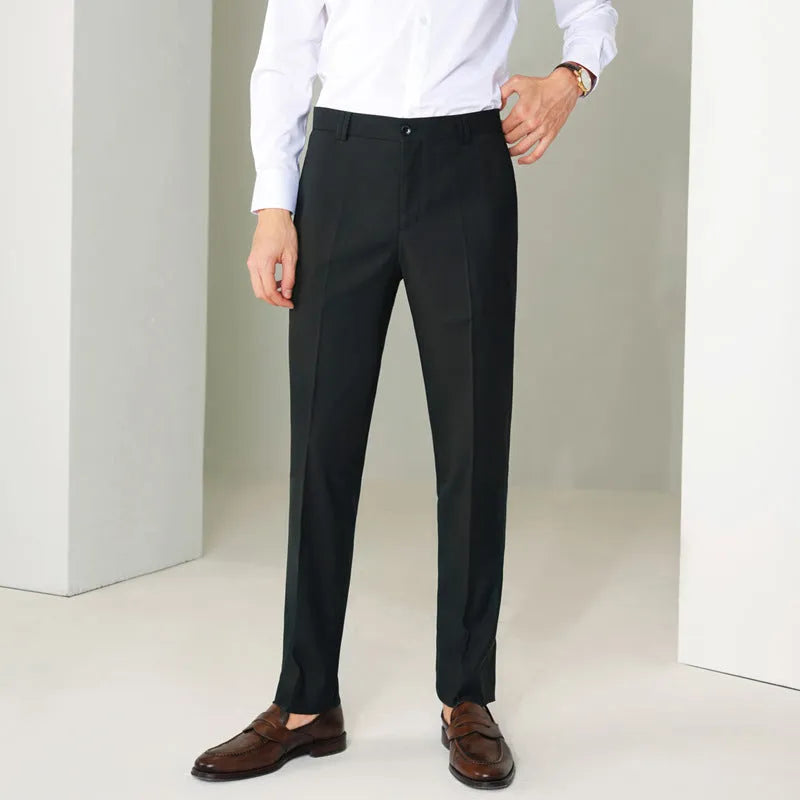 Men's and women's business formal straight-leg suit pants in black, polyester blend fabric