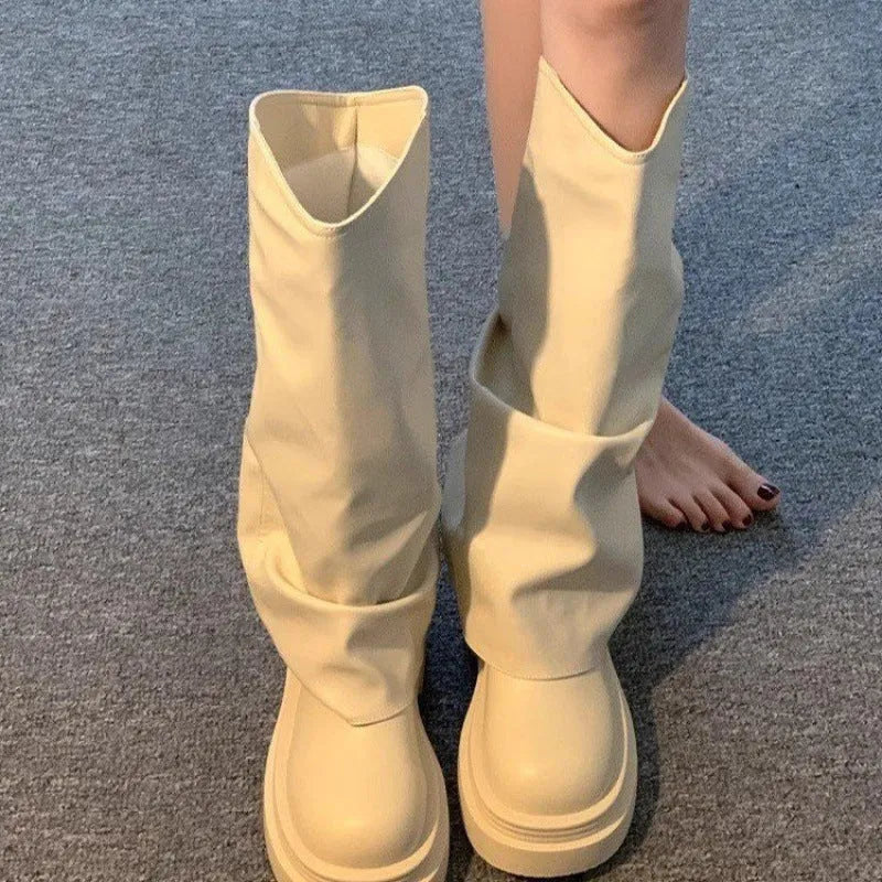 Women's round toe high cylinder PU autumn boots in beige, brown, and black colour options on a white background