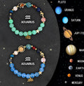 Set of twelve natural stone beaded bracelets, each featuring a different zodiac sign design.