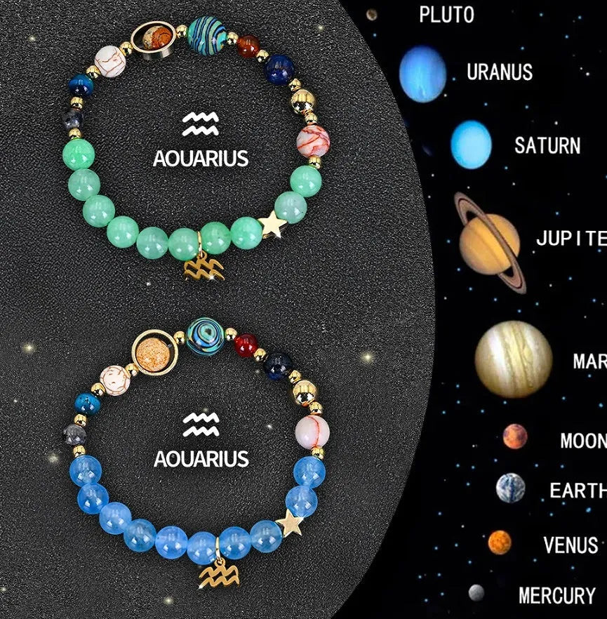Set of twelve natural stone beaded bracelets, each featuring a different zodiac sign design.
