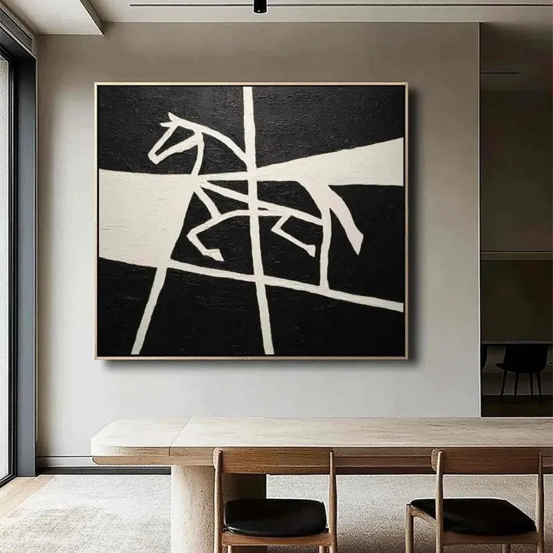 Handmade oil painting on canvas of a black and white horse with success theme, rolled and frameless, square size 60x60cm
