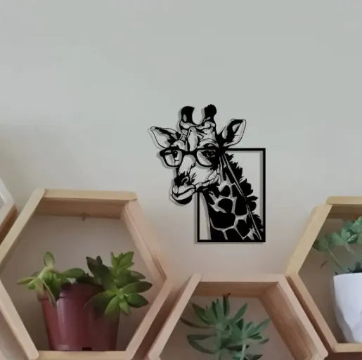 Black iron giraffe silhouette wall hanging with glasses in American country style on a wall