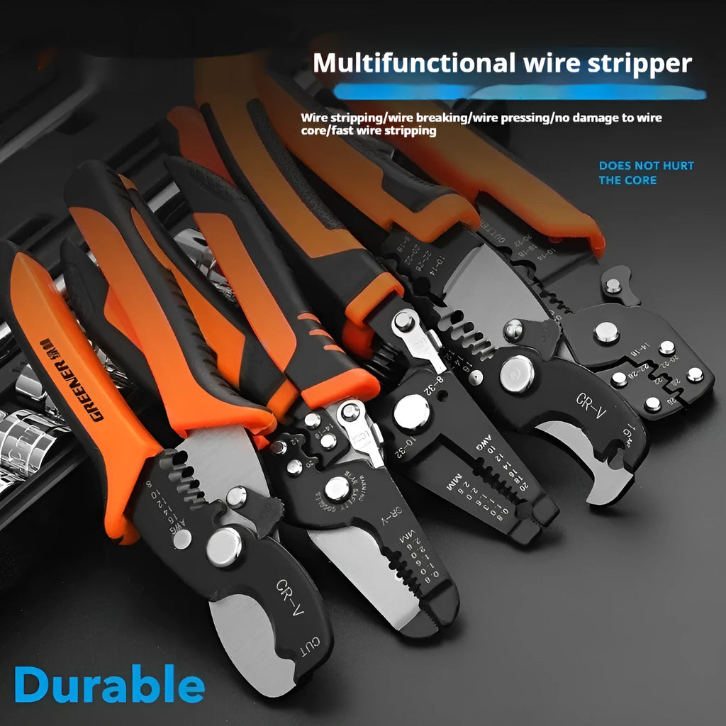 Fully automatic wire stripping pliers tool with 45# steel body on a white background.