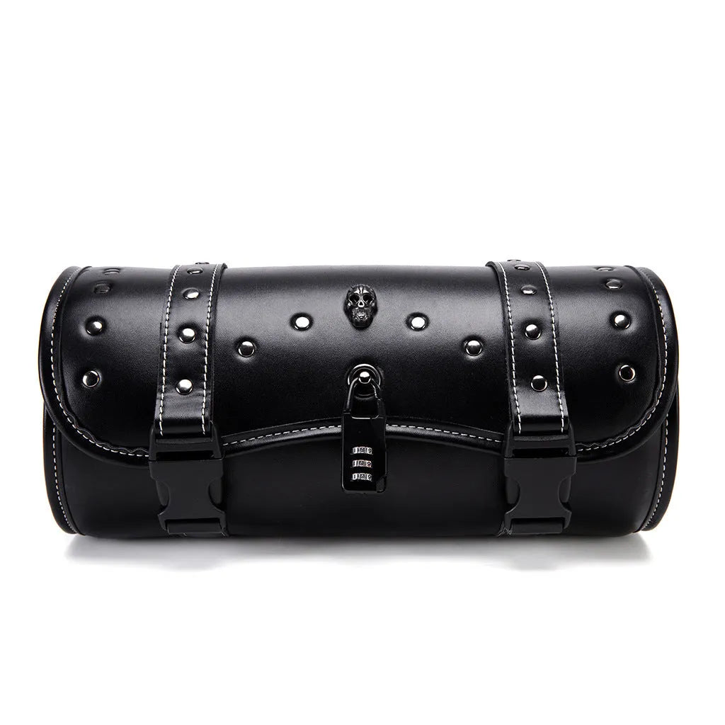 Black punk retro style PU leather motorcycle pannier side bag mounted on a luggage rack.