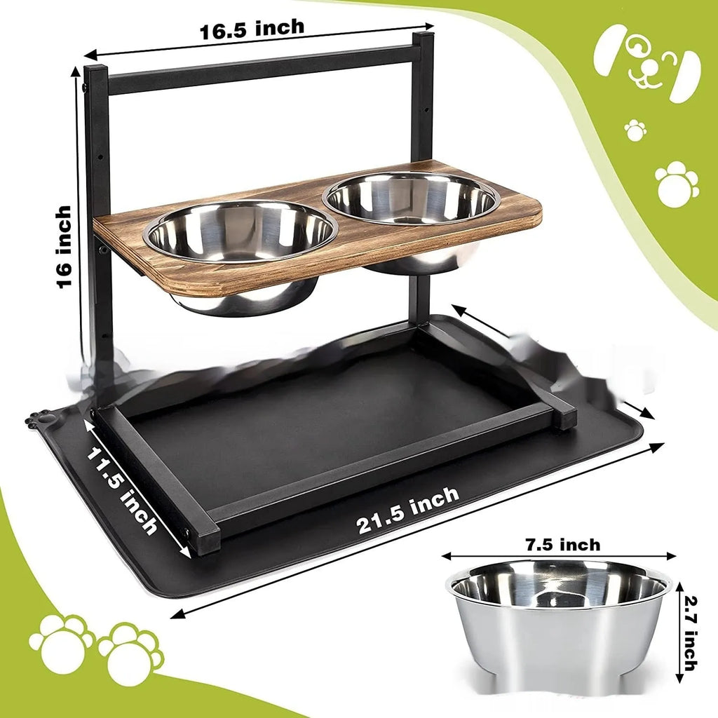 Black iron pet bowl rack with three adjustable slots for dog feeding dishes