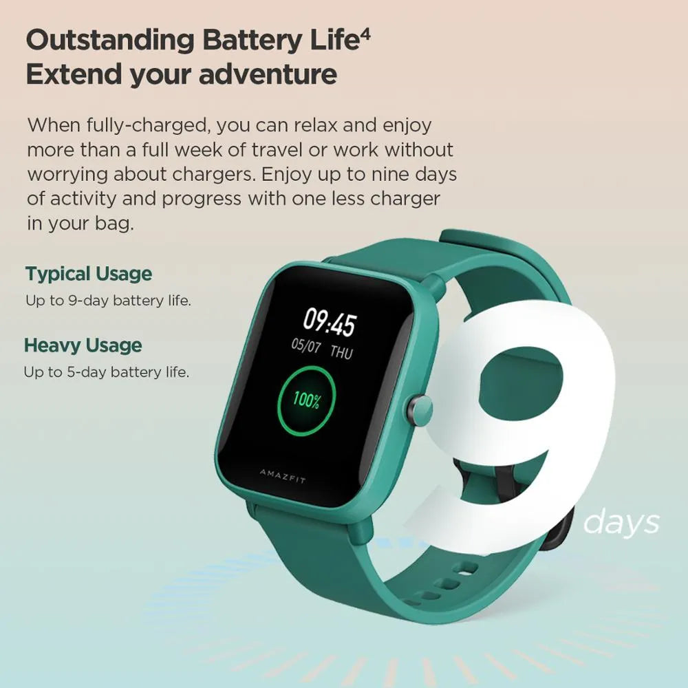 Smart watch with colour screen and green silicone strap on wrist, showing fitness data.