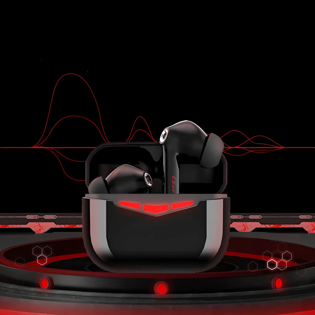Black true wireless gaming earbuds and charging case on a dark surface, showing in-ear design.